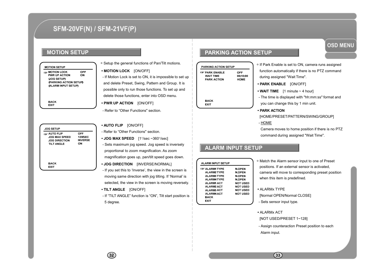 Motion setup parking action setup, Alarm input setup | CNB SFM-21VF User Manual | Page 18 / 47