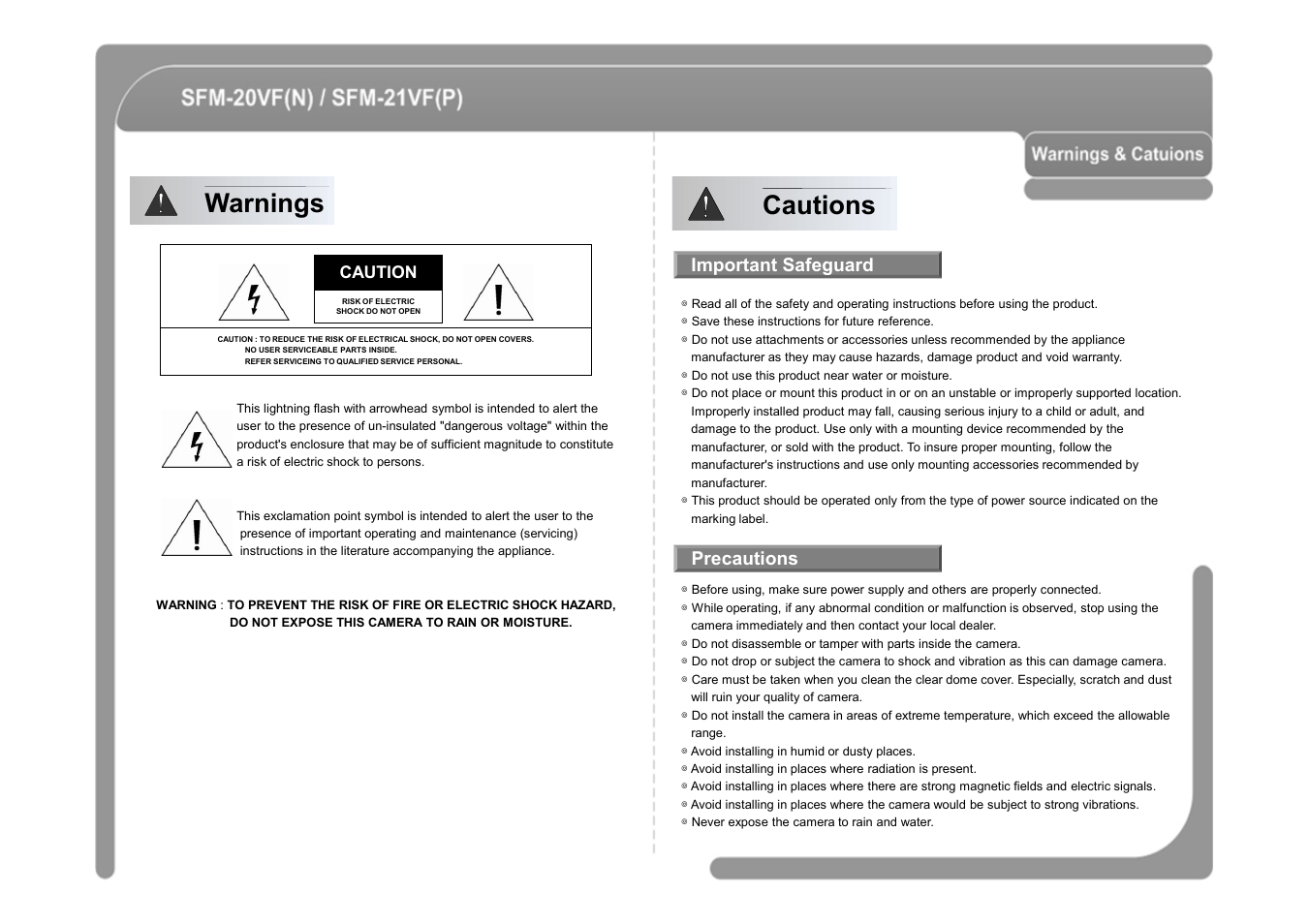 Warnings cautions, Important safeguard, Precautions | CNB SFM-21VF User Manual | Page 3 / 47