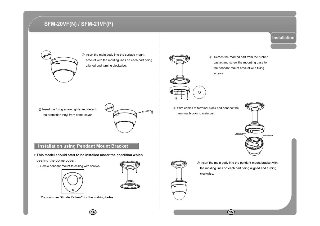 Installation using pendant mount bracket | CNB SFM-21VF User Manual | Page 9 / 47