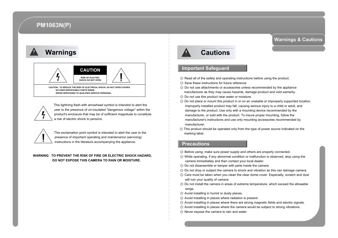 Warnings cautions, Important safeguard precautions | CNB PM1063P User Manual | Page 2 / 48