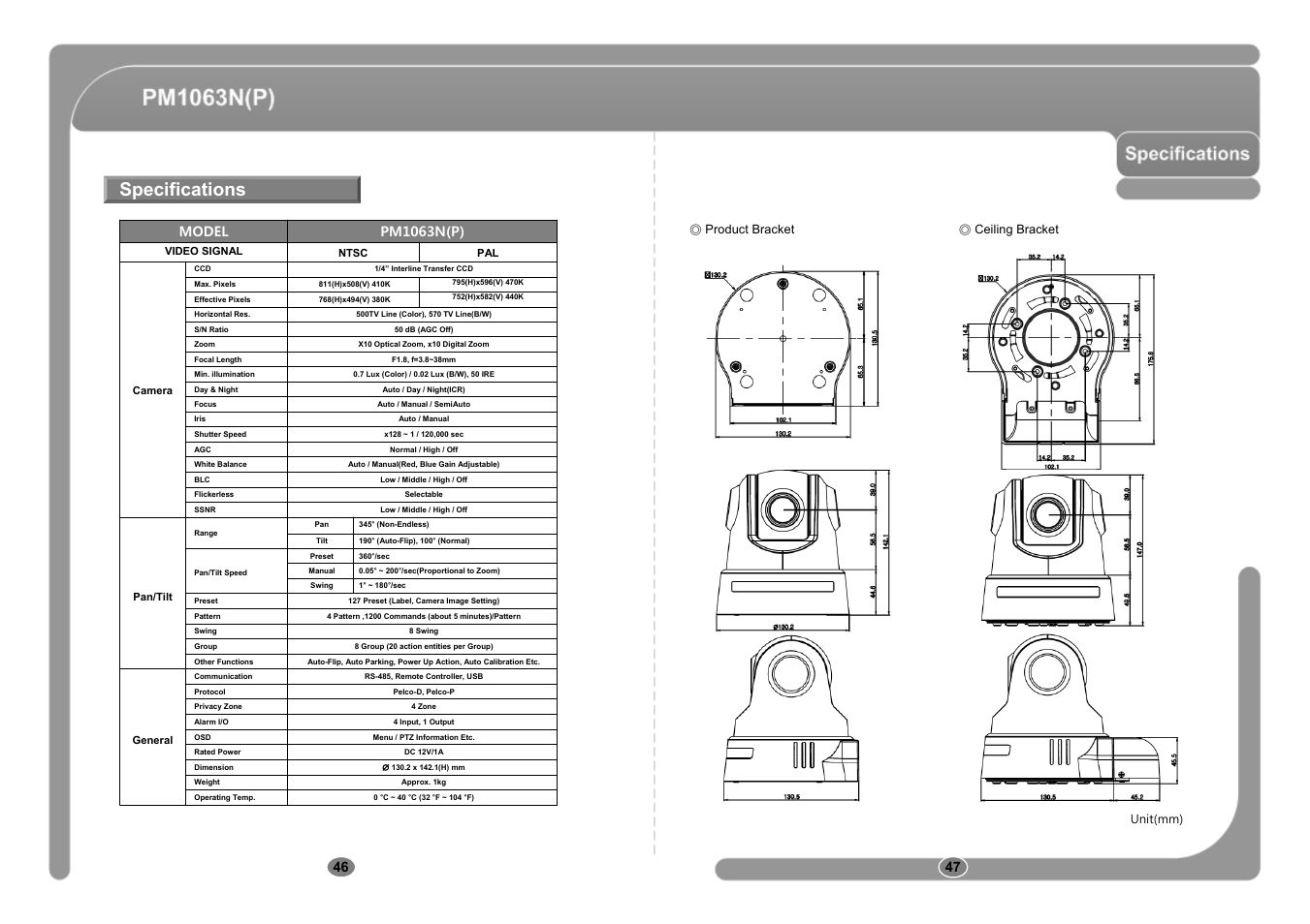 Specifications, Product bracket ◎ ceiling bracket unit(mm) | CNB PM1063P User Manual | Page 24 / 48