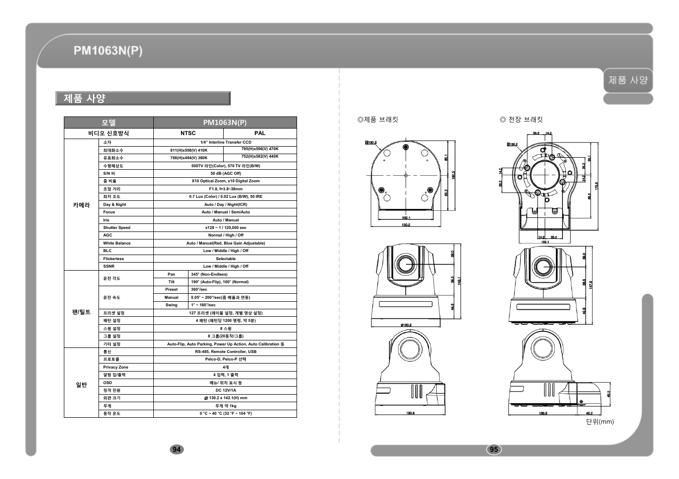 제품 사양, 제품 브래킷 ◎ 천장 브래킷 단위(mm) | CNB PM1063P User Manual | Page 48 / 48