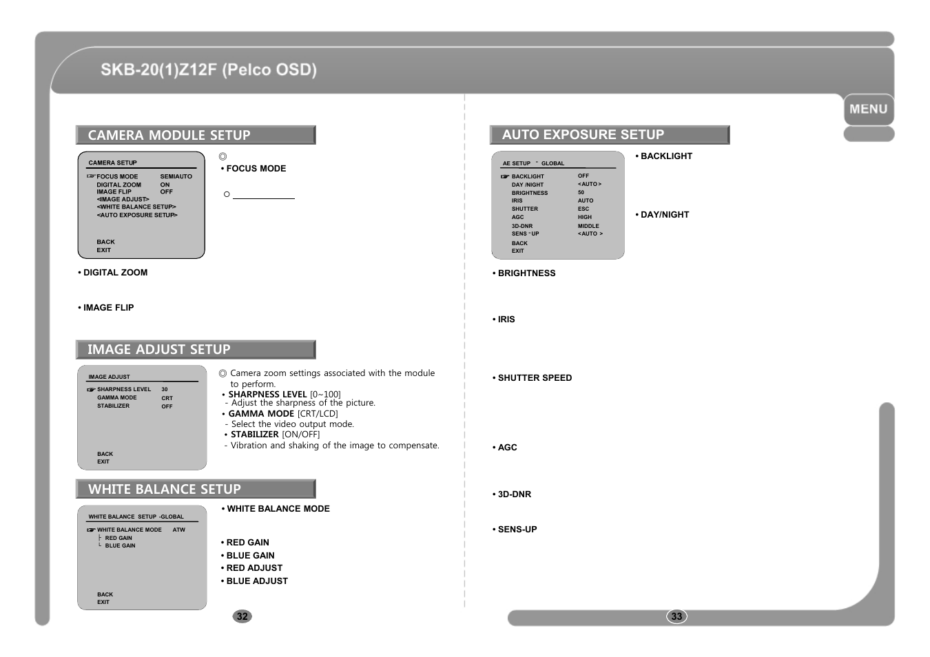 Camera module setup, Auto exposure setup, Image adjust setup | White balance setup | CNB SKB-21Z12F User Manual | Page 17 / 50