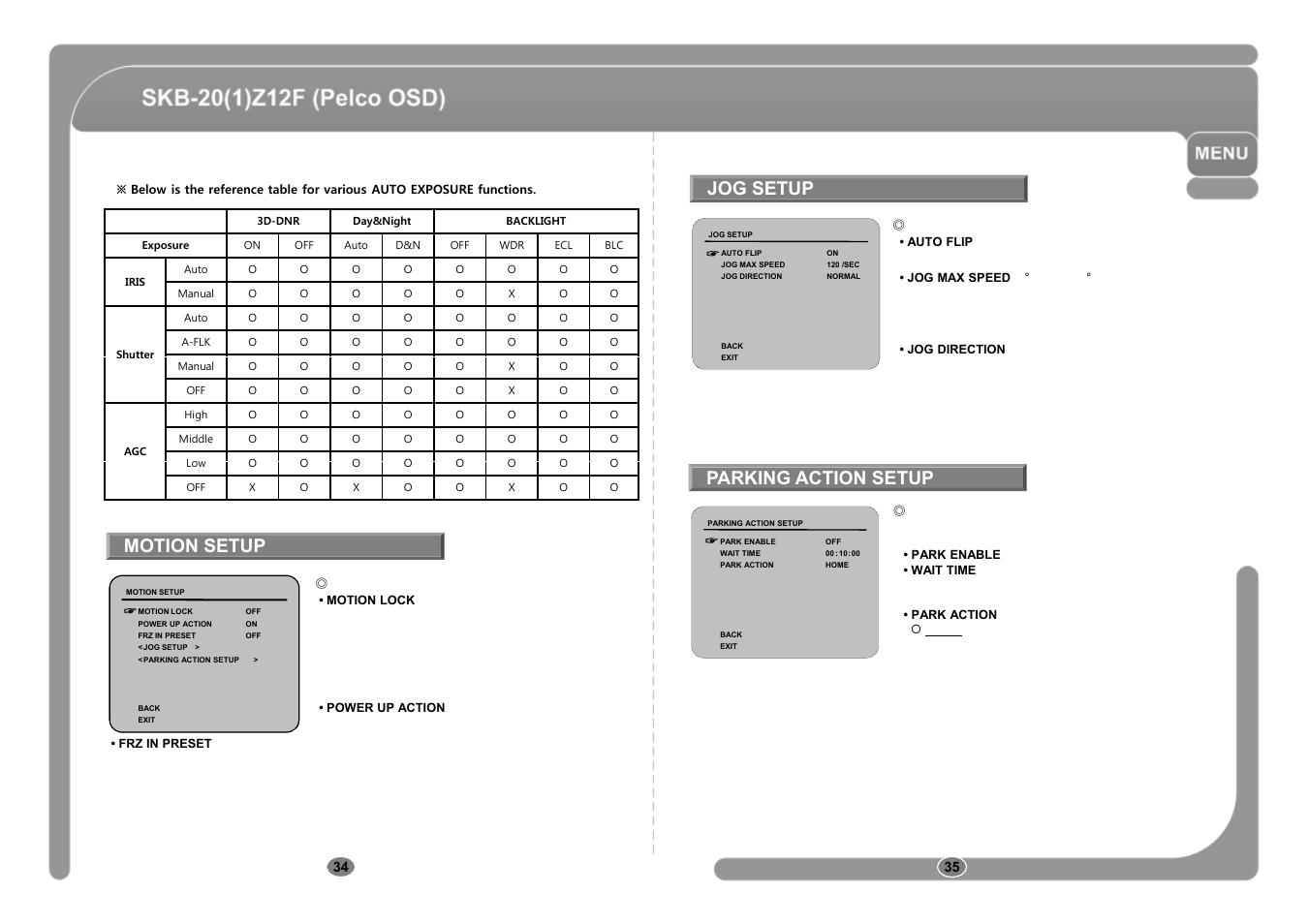 Jog setup, Motion setup, Parking action setup | CNB SKB-21Z12F User Manual | Page 18 / 50