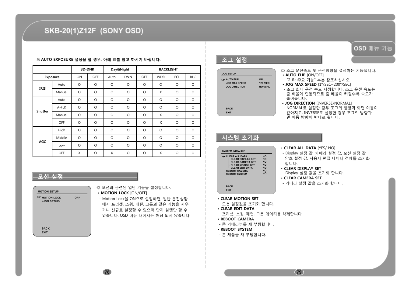 조그 설정, 시스템 초기화, 모션 설정 | CNB SKB-21Z12F User Manual | Page 40 / 50