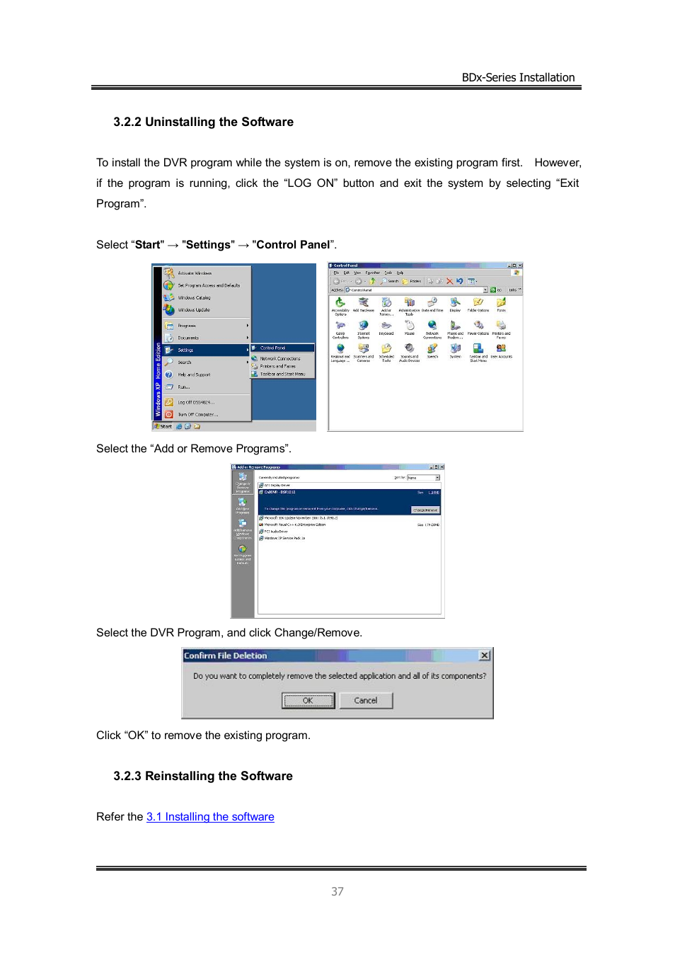 2 uninstalling the software, 3 reinstalling the software | CNB BDS4812 (discontinued) User Manual | Page 37 / 55