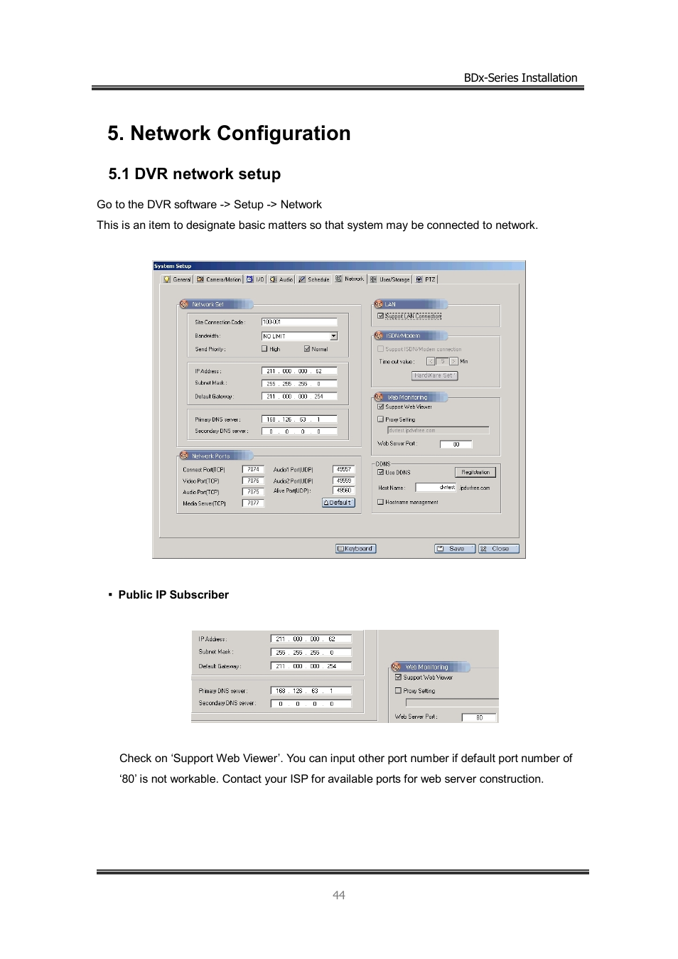 Network configuration, 1 dvr network setup | CNB BDS4812 (discontinued) User Manual | Page 44 / 55