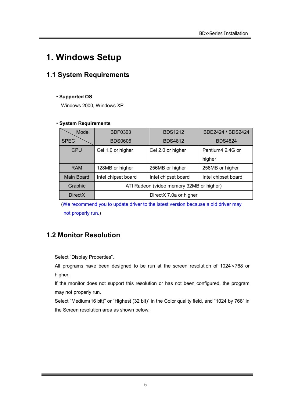 Windows setup, 1 system requirements, 2 monitor resolution | CNB BDS4812 (discontinued) User Manual | Page 6 / 55