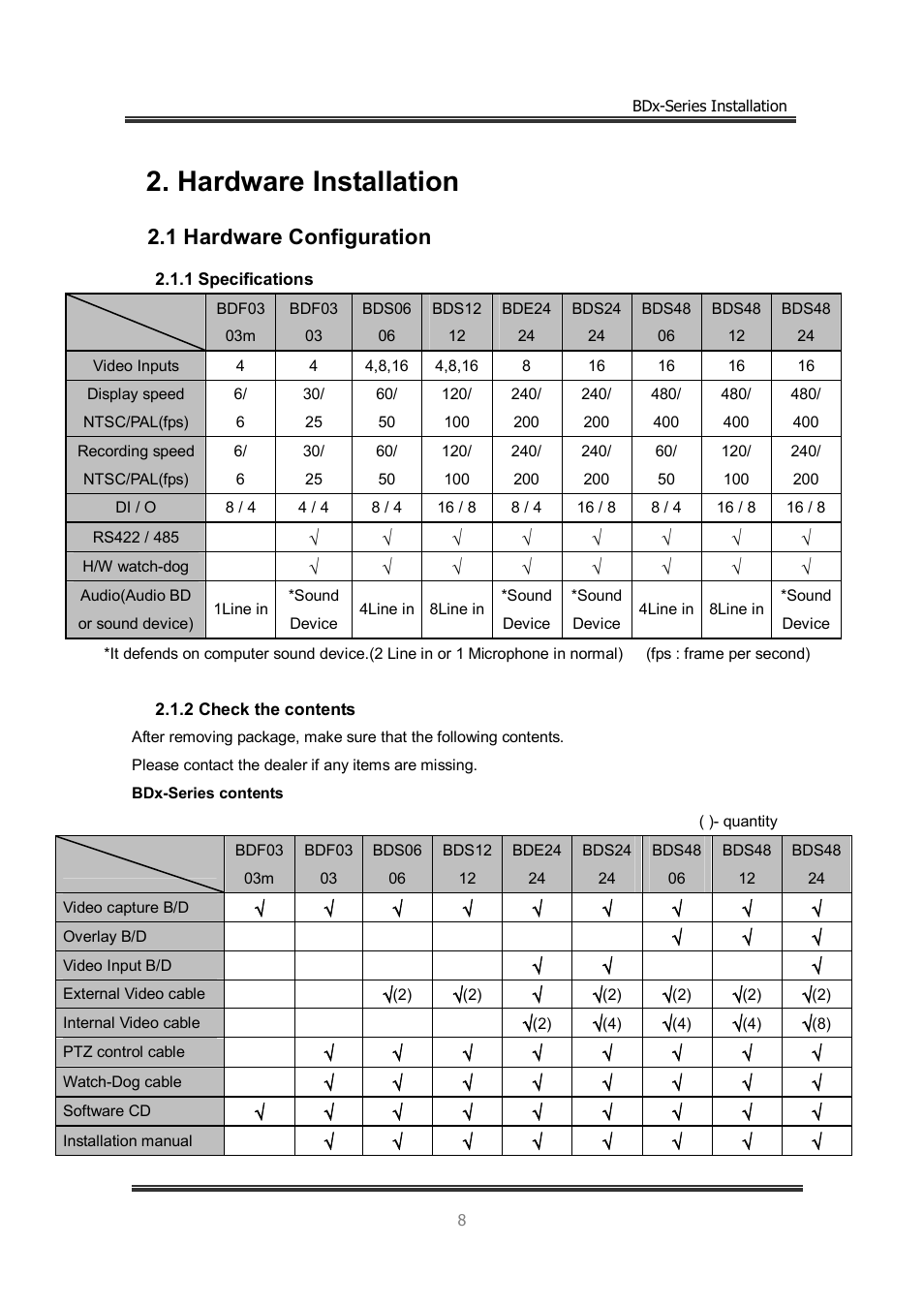 Hardware installation, 1 hardware configuration, 1 specifications | 2 check the contents | CNB BDS4812 (discontinued) User Manual | Page 8 / 55