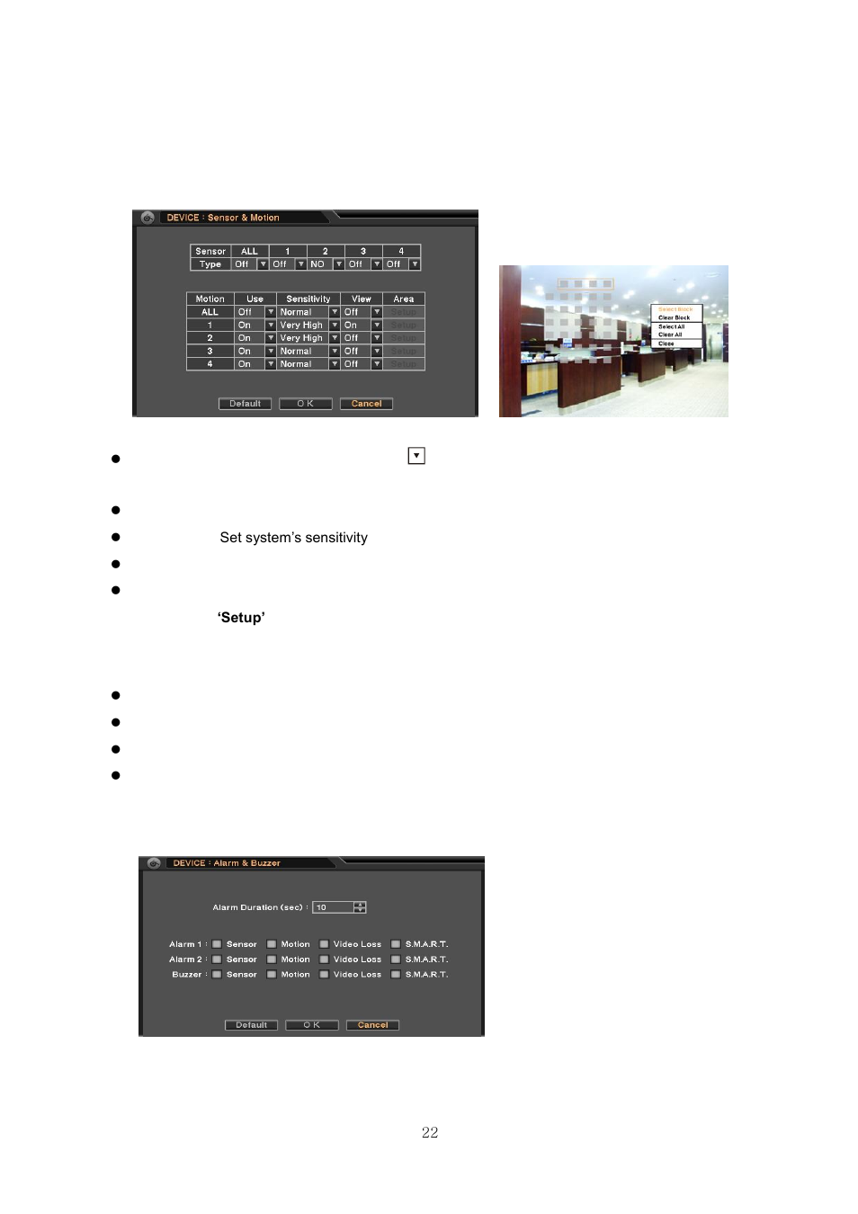 2-3. menu > device > sensor & motion, 2-4. menu > device > alarm & buzzer | CNB HDF1212 User Manual | Page 22 / 58