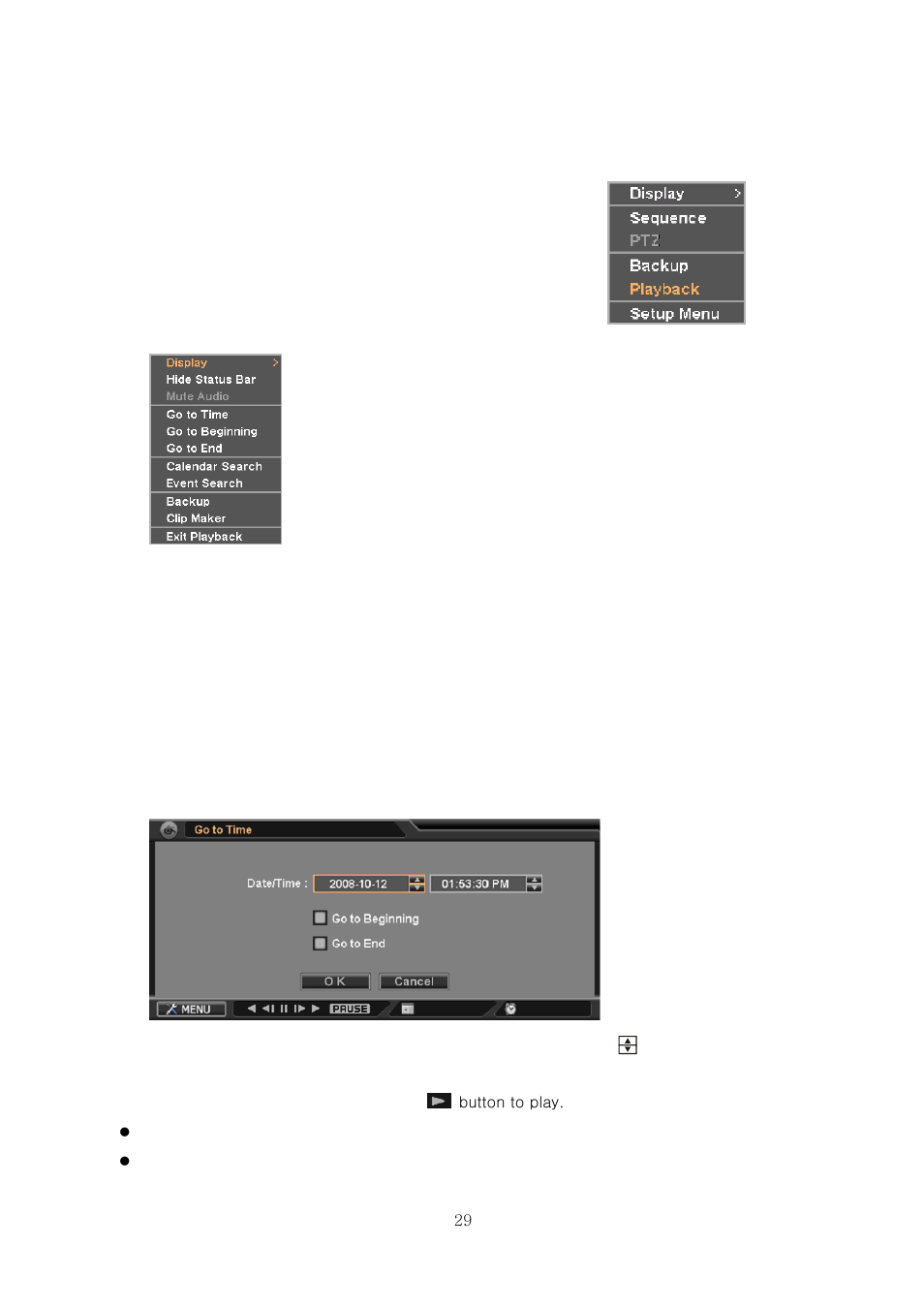 Playback, 1. display, 2. search options | 2-1. go to time | CNB HDF1212 User Manual | Page 29 / 58