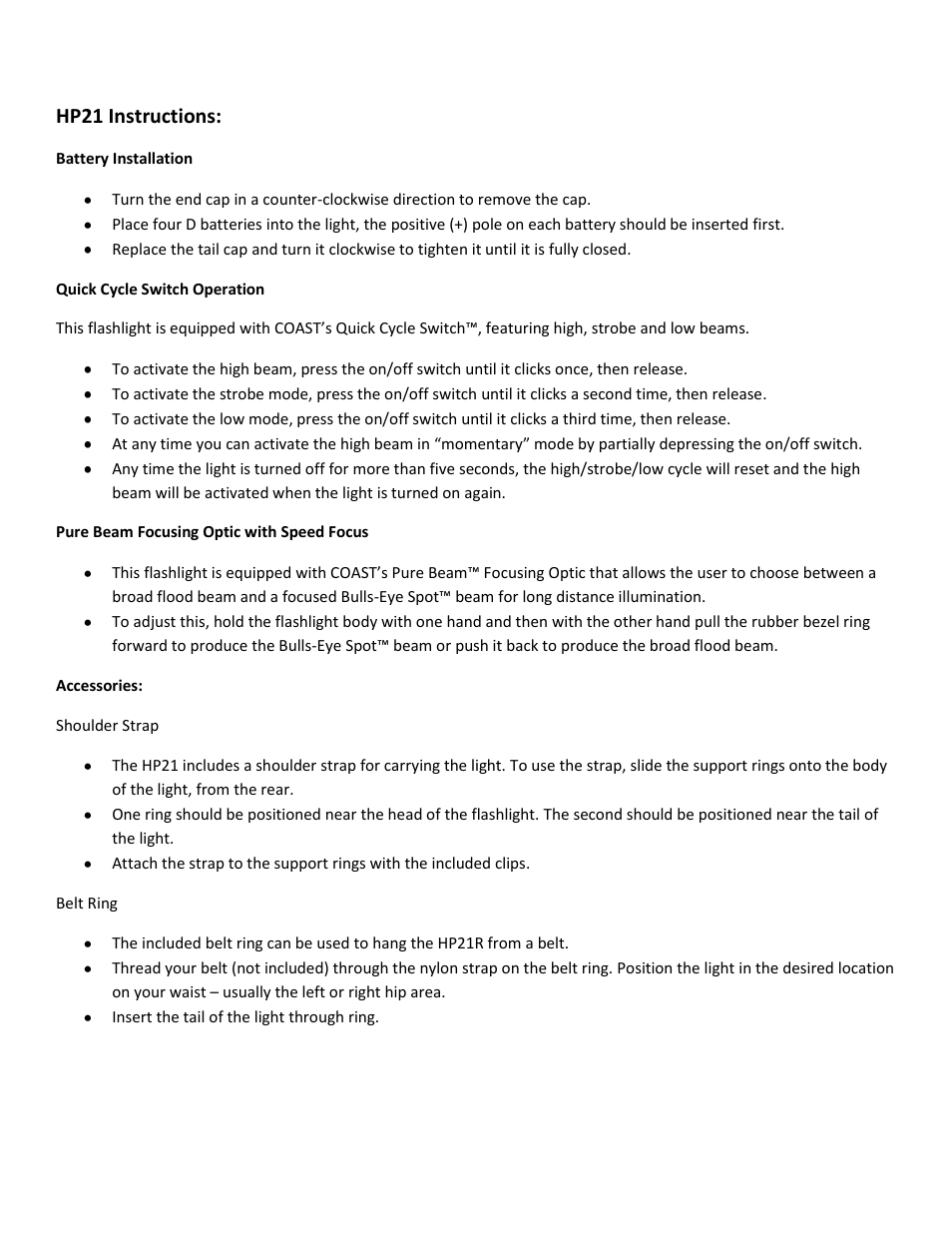 Coast HP21 User Manual | 1 page