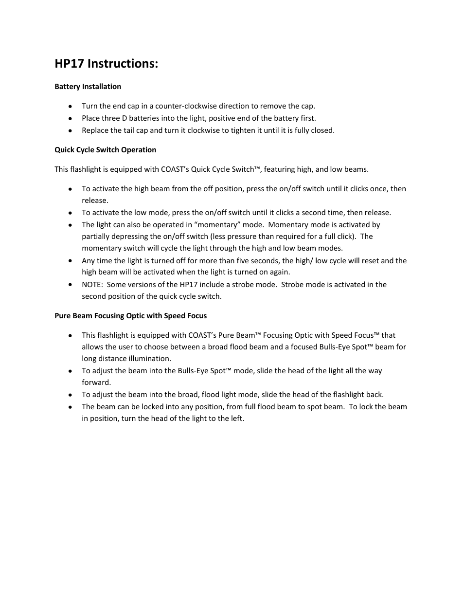 Coast HP17TAC User Manual | 1 page
