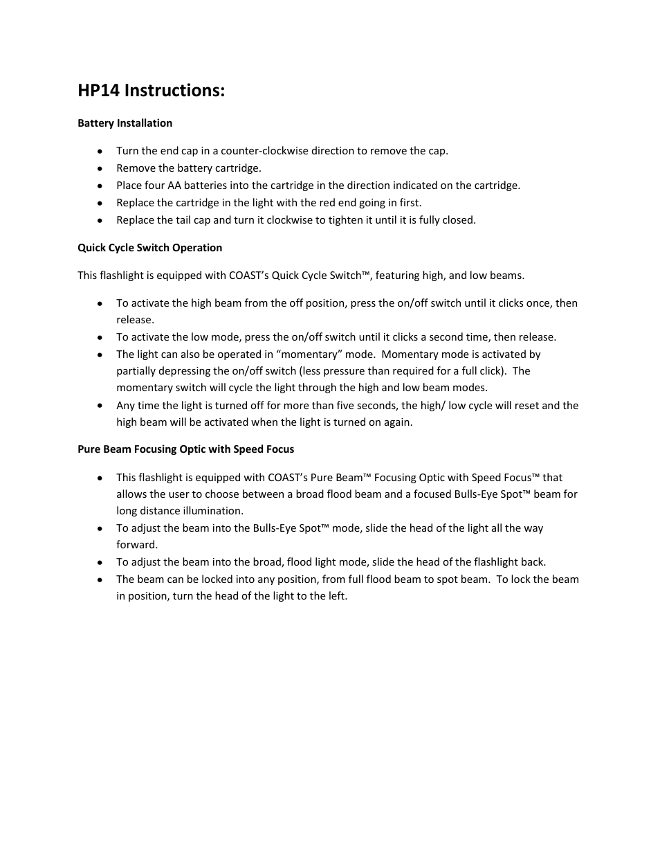 Coast HP14 User Manual | 1 page