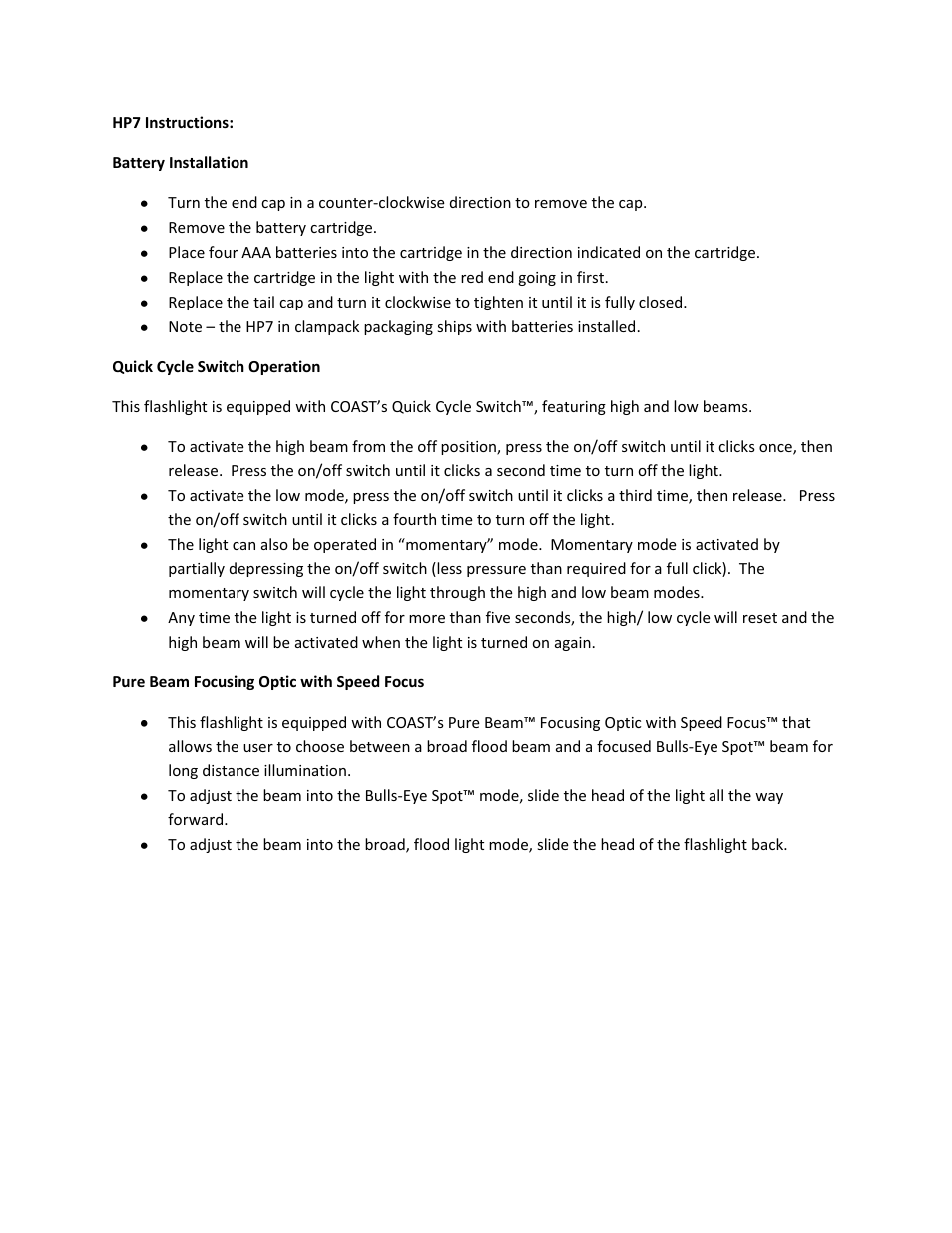 Coast HP7 Silver User Manual | 1 page