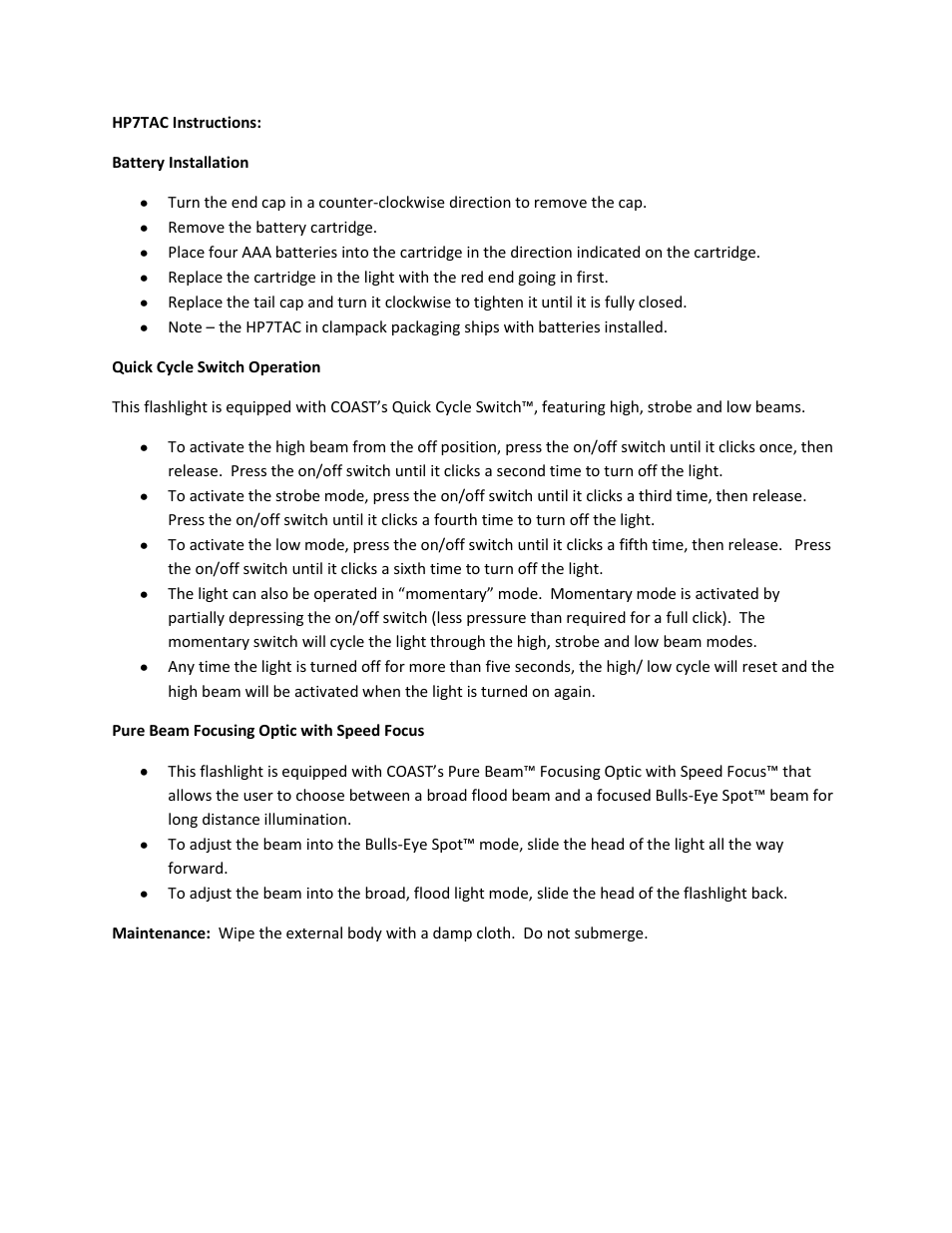 Coast HP7TAC User Manual | 1 page