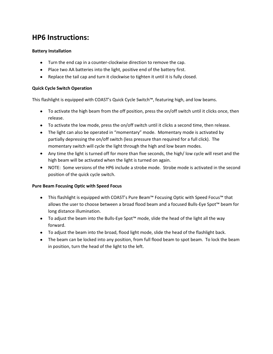Coast HP6TAC User Manual | 1 page