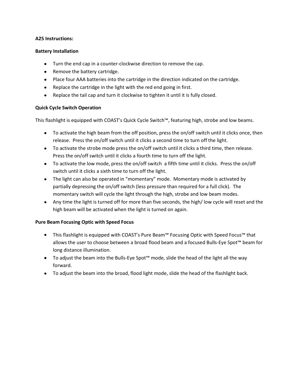 Coast A25 User Manual | 1 page