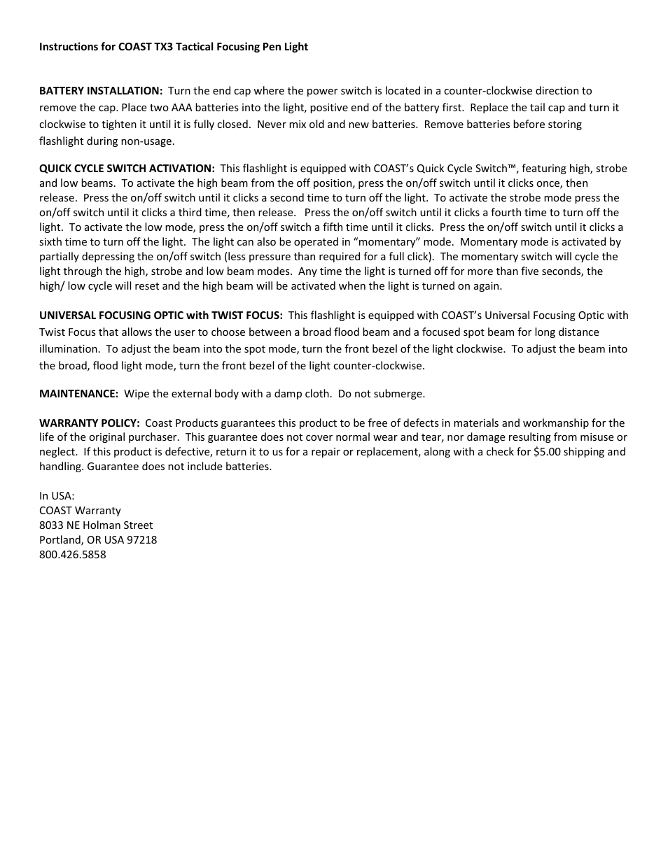 Coast TX3 User Manual | 1 page