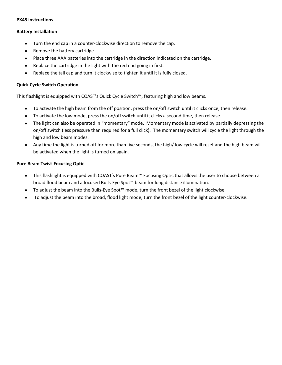 Coast PX45 User Manual | 1 page