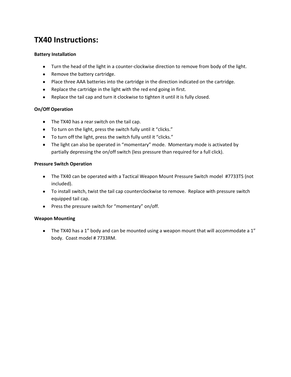 Coast TX40 User Manual | 1 page