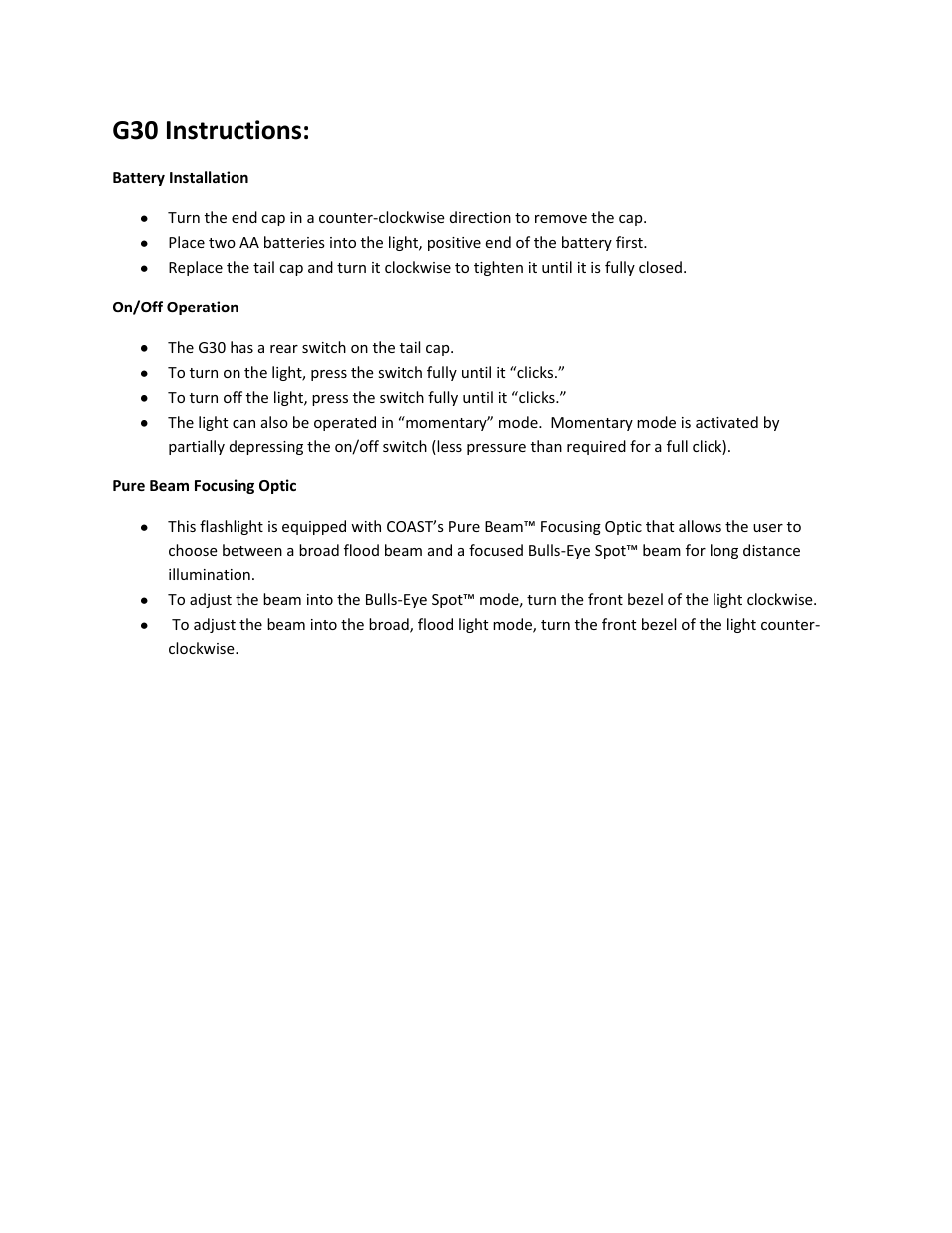 Coast G30 User Manual | 1 page