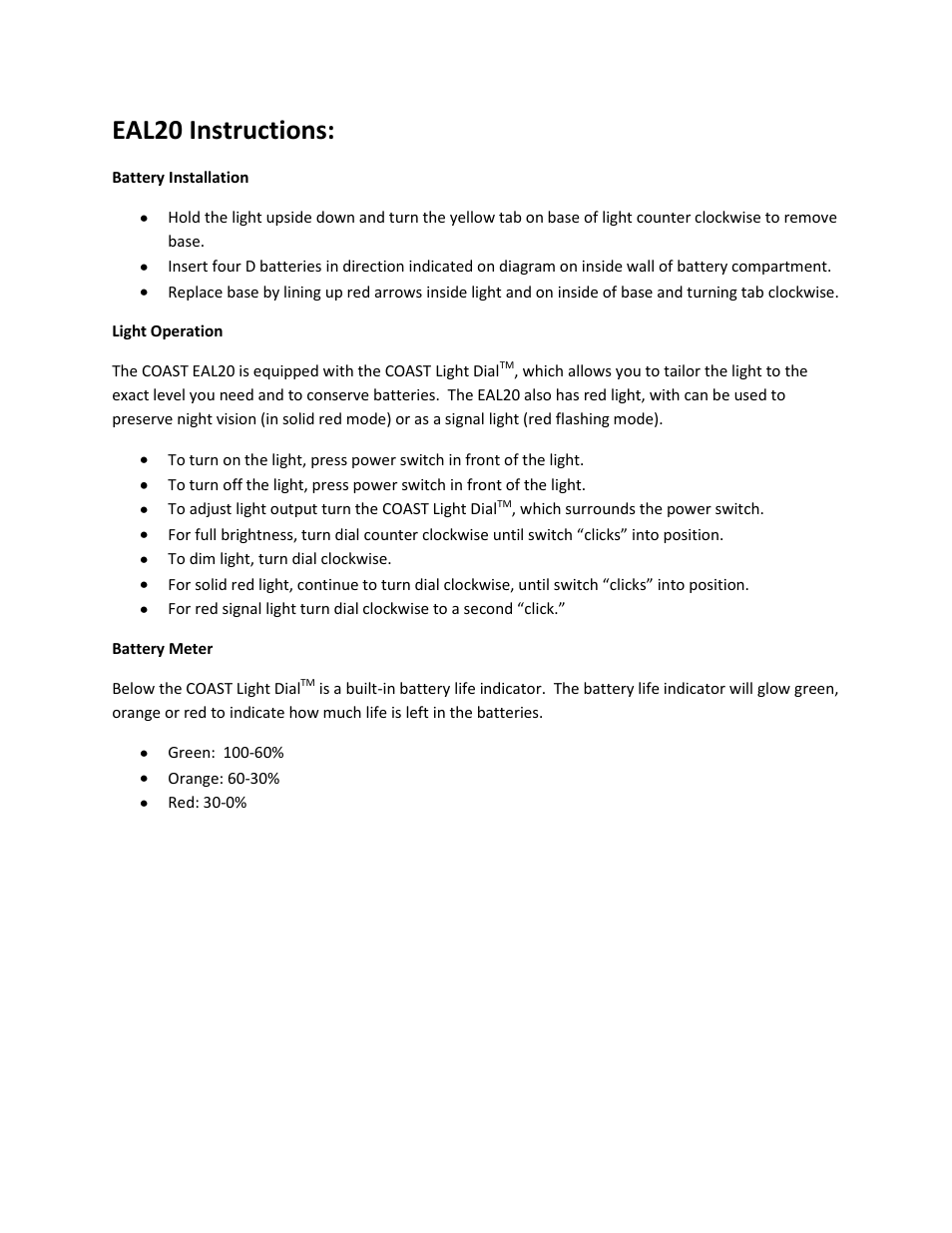 Coast EAL20 User Manual | 1 page