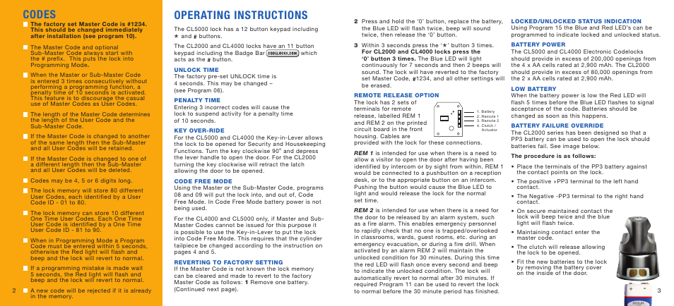 Codes, Operating instructions | Codelocks CL5020 Mortice Latch with Double Cylinder User Manual | Page 2 / 4
