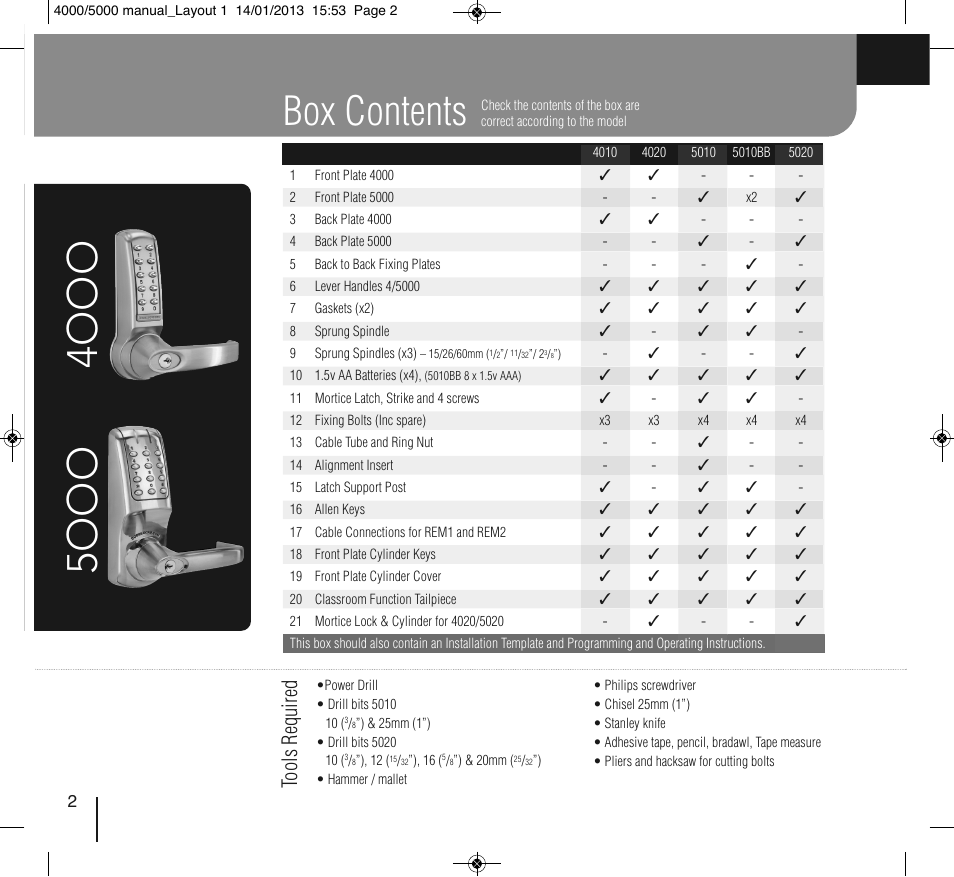 4o o o 5 o o o, Box contents | Codelocks Hotel GuestLock 4000 Mortice Lock User Manual | Page 2 / 12