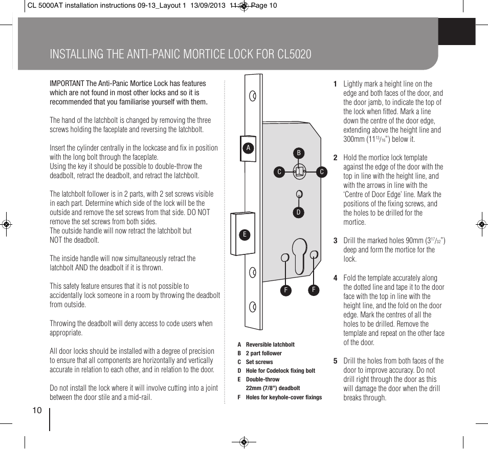 Installing the anti-panic mortice lock for cl5020 | Codelocks CL5020 Mortice Latch with Double Cylinder User Manual | Page 10 / 12