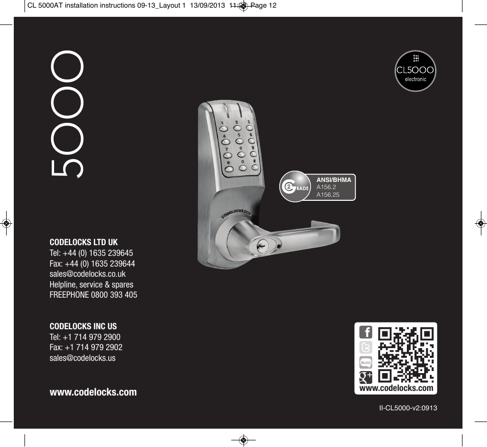5o o o | Codelocks CL5020 Mortice Latch with Double Cylinder User Manual | Page 12 / 12