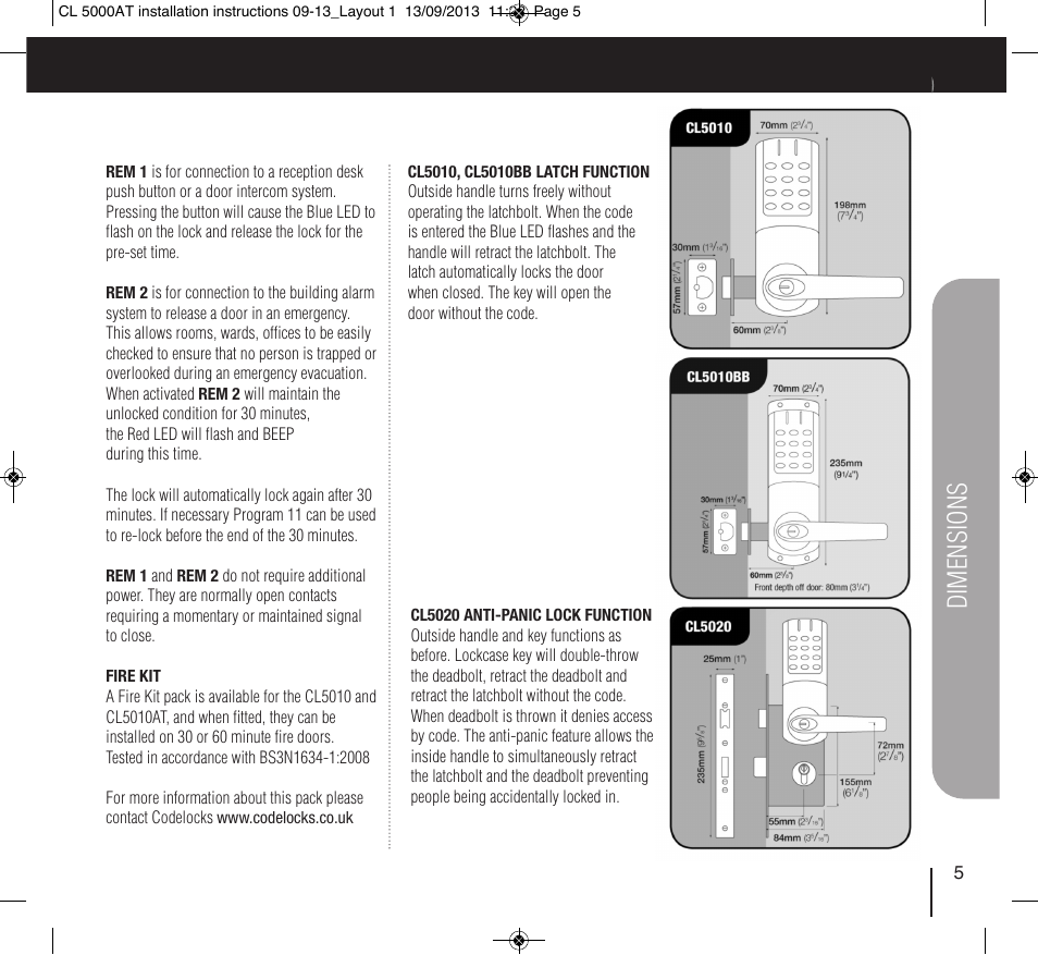 Dim en s io n s | Codelocks CL5020 Mortice Latch with Double Cylinder User Manual | Page 5 / 12
