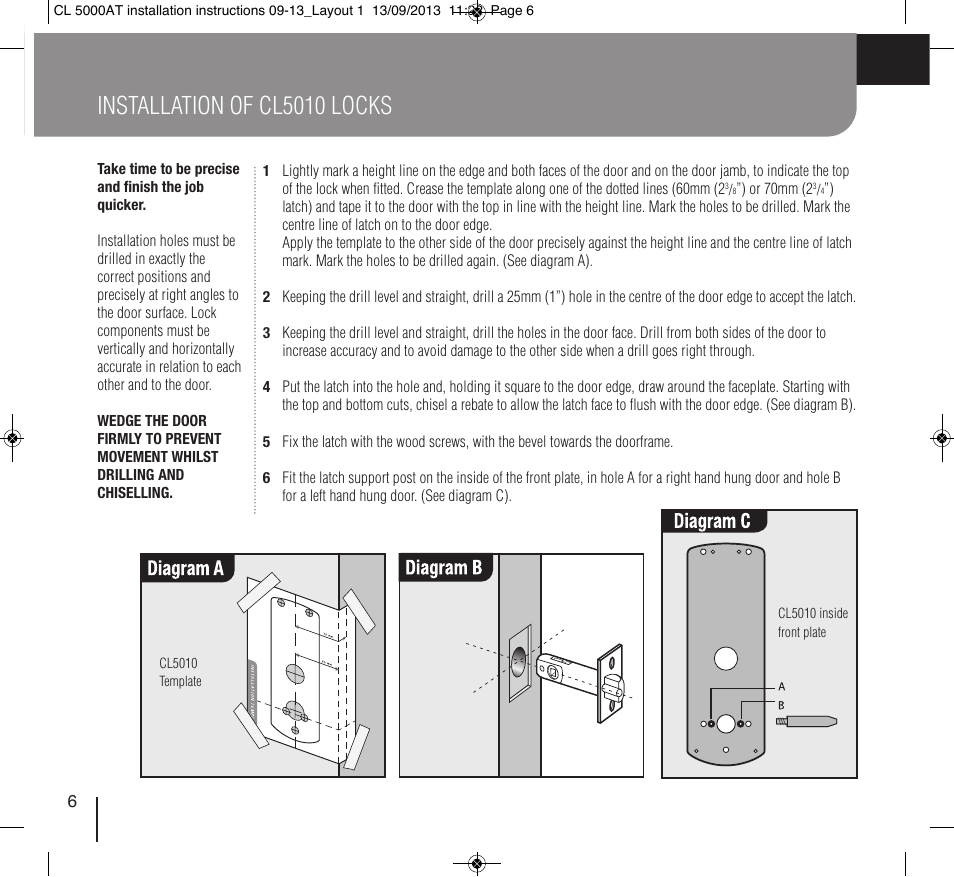 Installation of cl5010 locks | Codelocks CL5020 Mortice Latch with Double Cylinder User Manual | Page 6 / 12