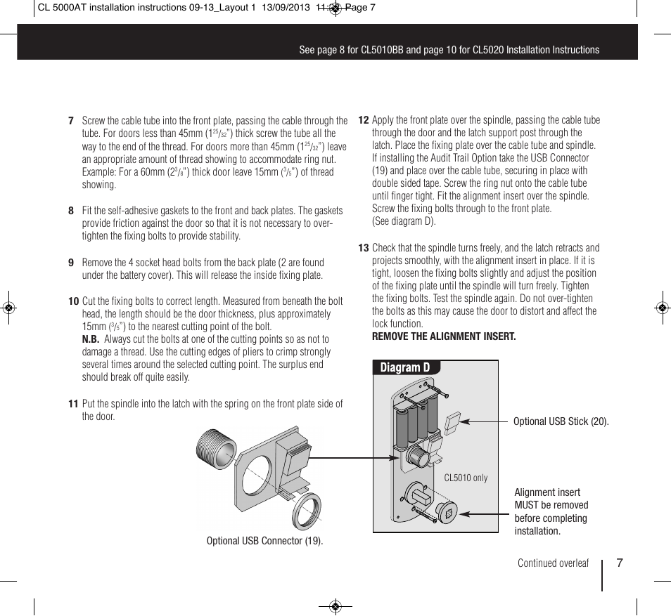 Codelocks CL5020 Mortice Latch with Double Cylinder User Manual | Page 7 / 12