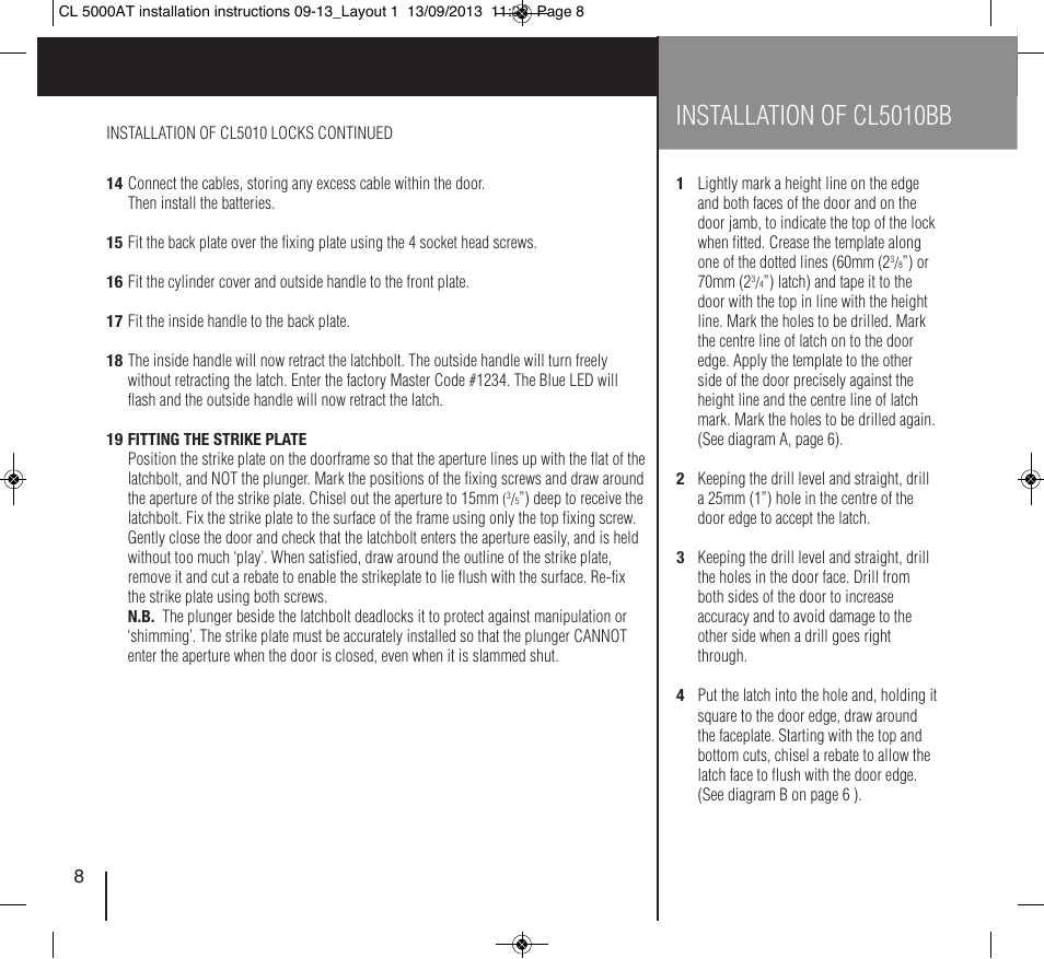Installation of cl5010bb | Codelocks CL5020 Mortice Latch with Double Cylinder User Manual | Page 8 / 12