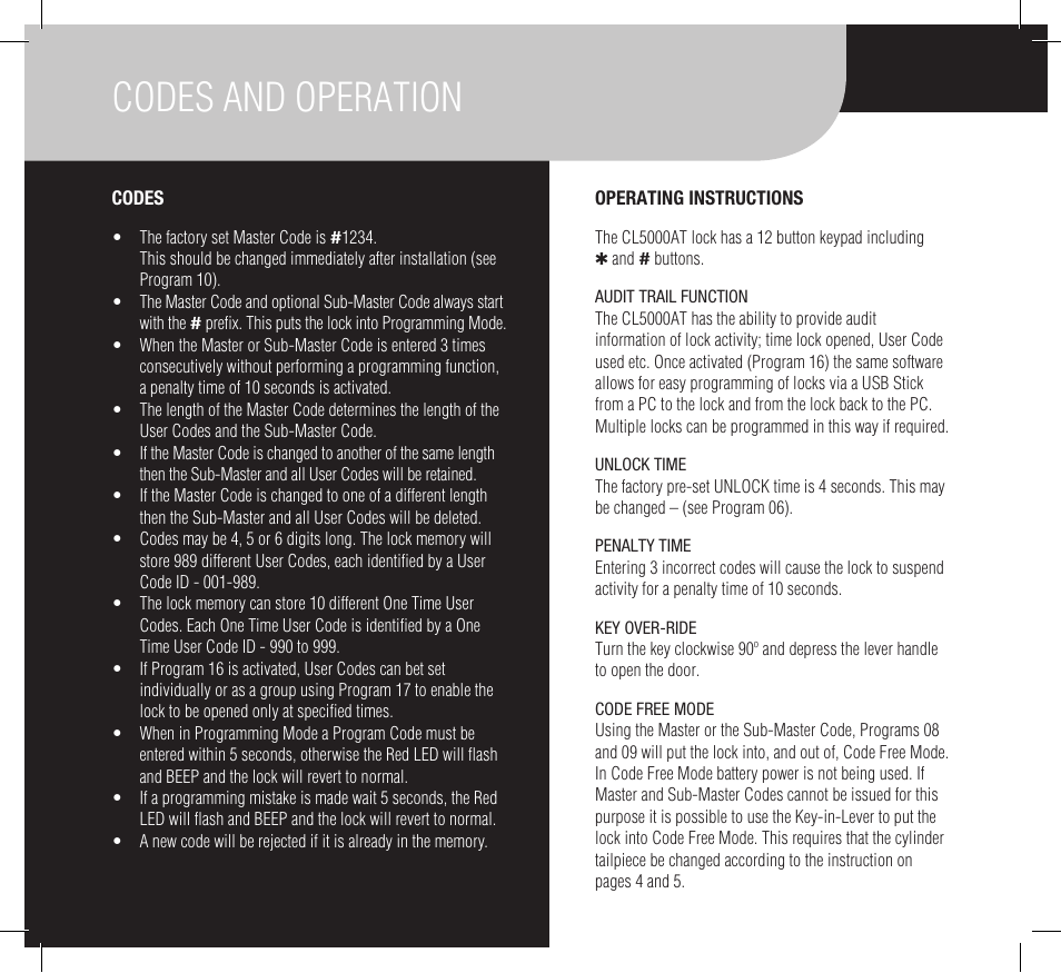 Codes and operation | Codelocks Upgrade - Audit Trail Kit for CL5010 User Manual | Page 2 / 12