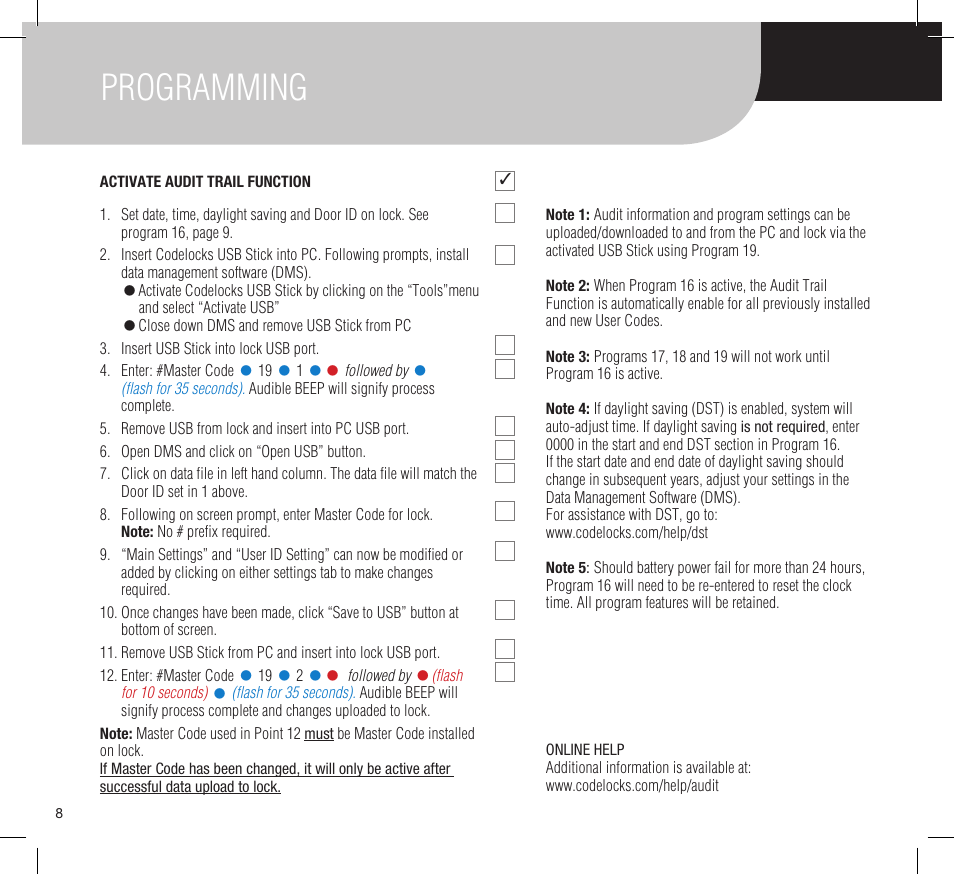 Programming | Codelocks Upgrade - Audit Trail Kit for CL5010 User Manual | Page 8 / 12