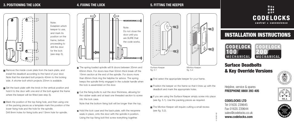 Codelocks CL100 Surface Deadbolt User Manual | 2 pages