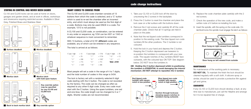 Codelocks CL290 Mortice Latch Back to Back User Manual | 2 pages