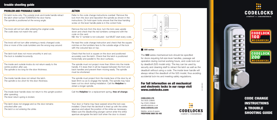 Code change instructions & trouble shooting guide, Trouble shooting guide, Problem and probable cause action | Codelocks CL290 Mortice Latch Back to Back User Manual | Page 2 / 2
