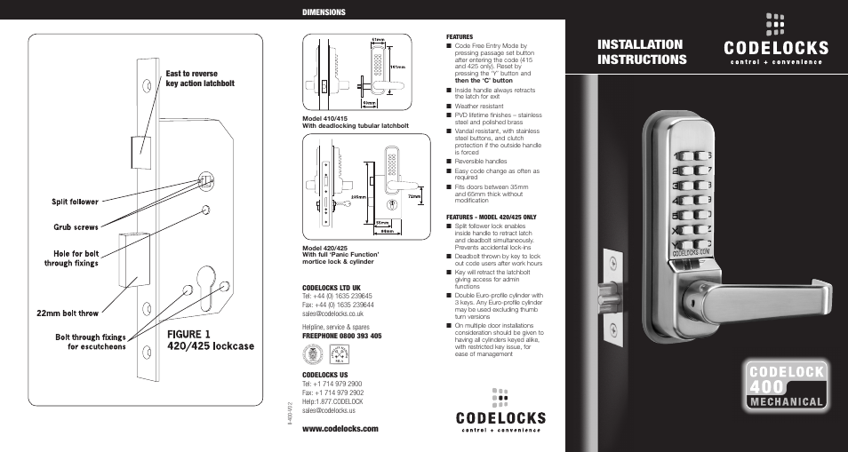 Codelocks CL425 Mortice Lock with Double Cylinder User Manual | 4 pages