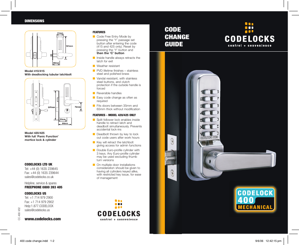 Codelocks CL425 Mortice Lock with Double Cylinder User Manual | 2 pages