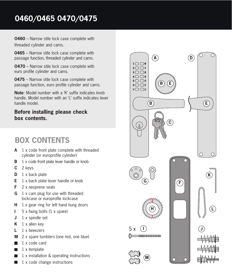 Box contents, Before installing please check box contents | Codelocks CL475 Narrow Stile, Euro Cylinder User Manual | Page 2 / 5