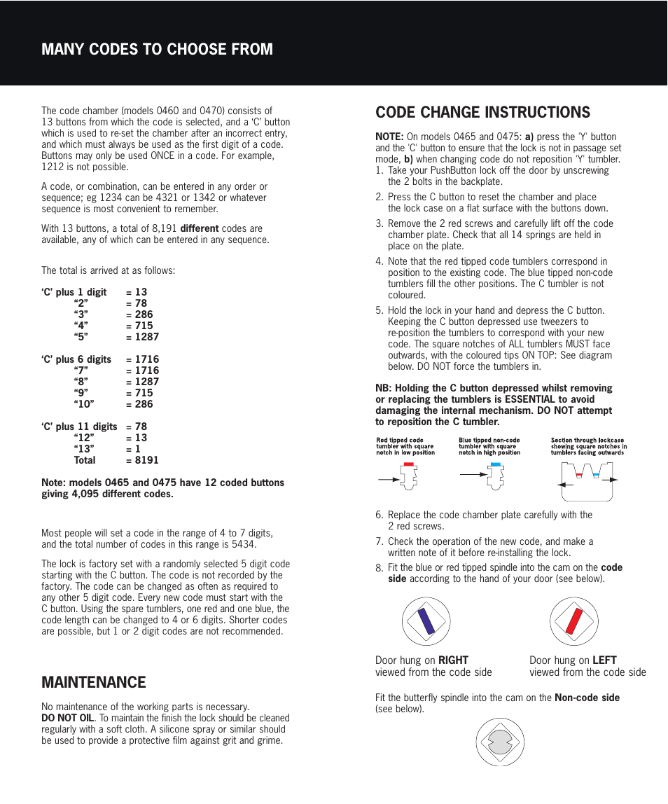 Maintenance, Code change instructions, Many codes to choose from | Codelocks CL475 Narrow Stile, Euro Cylinder User Manual | Page 2 / 3