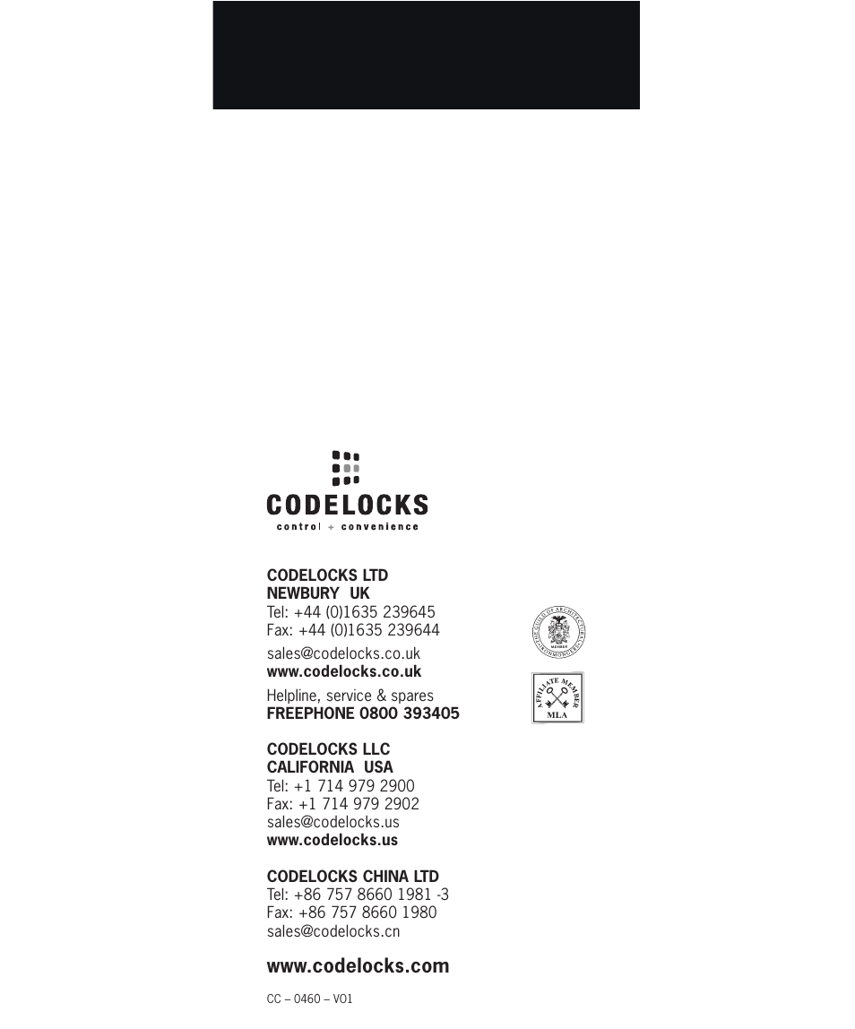 Codelocks CL475 Narrow Stile, Euro Cylinder User Manual | Page 3 / 3