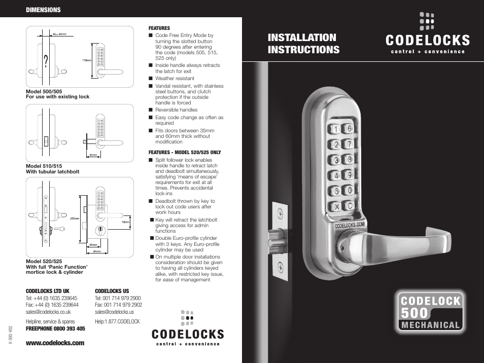 Codelocks CL525 Mortice Lock with Double Cylinder User Manual | 6 pages