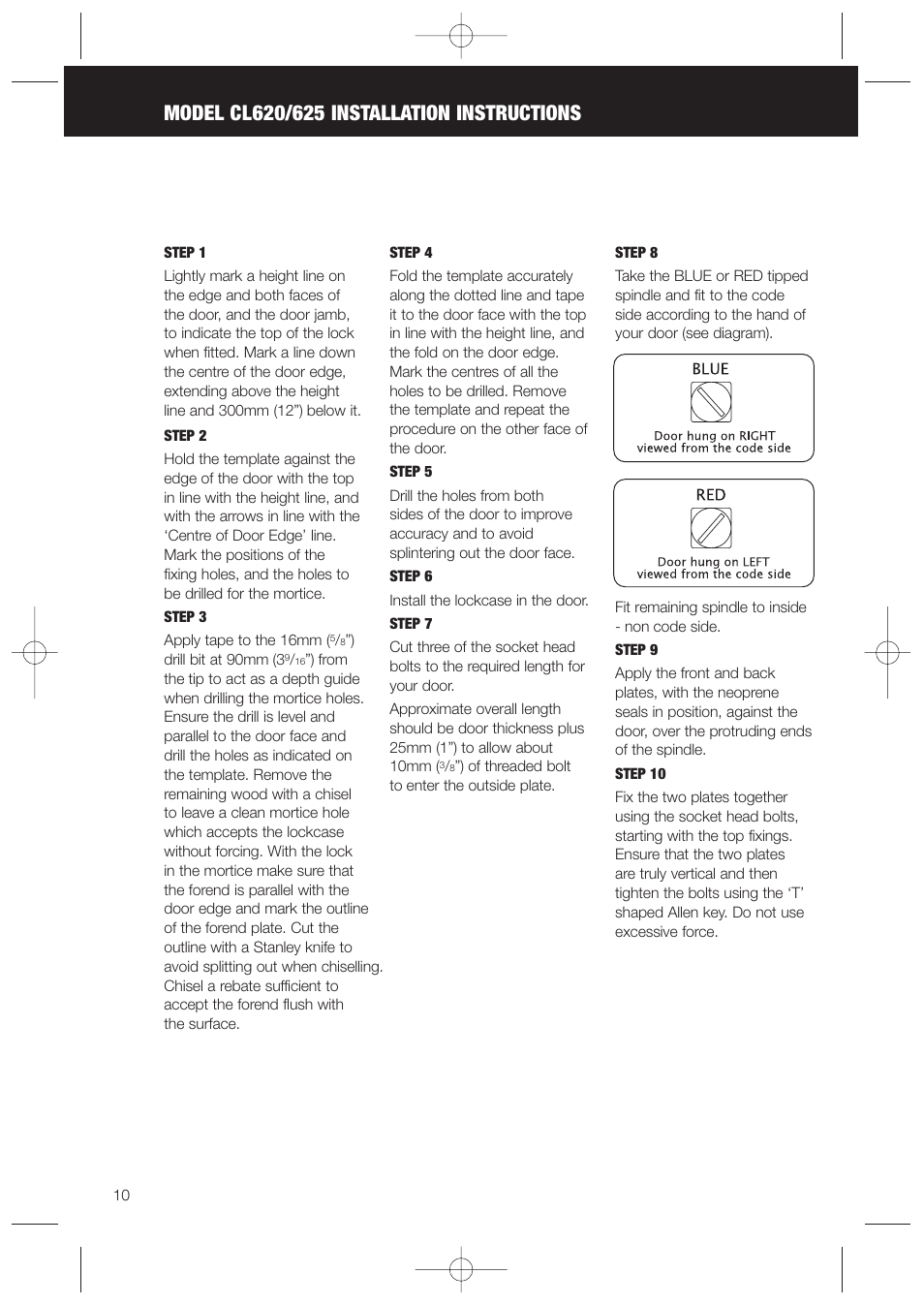 Codelocks CL625 Double Cylinder Mortice Lock User Manual | Page 10 / 16