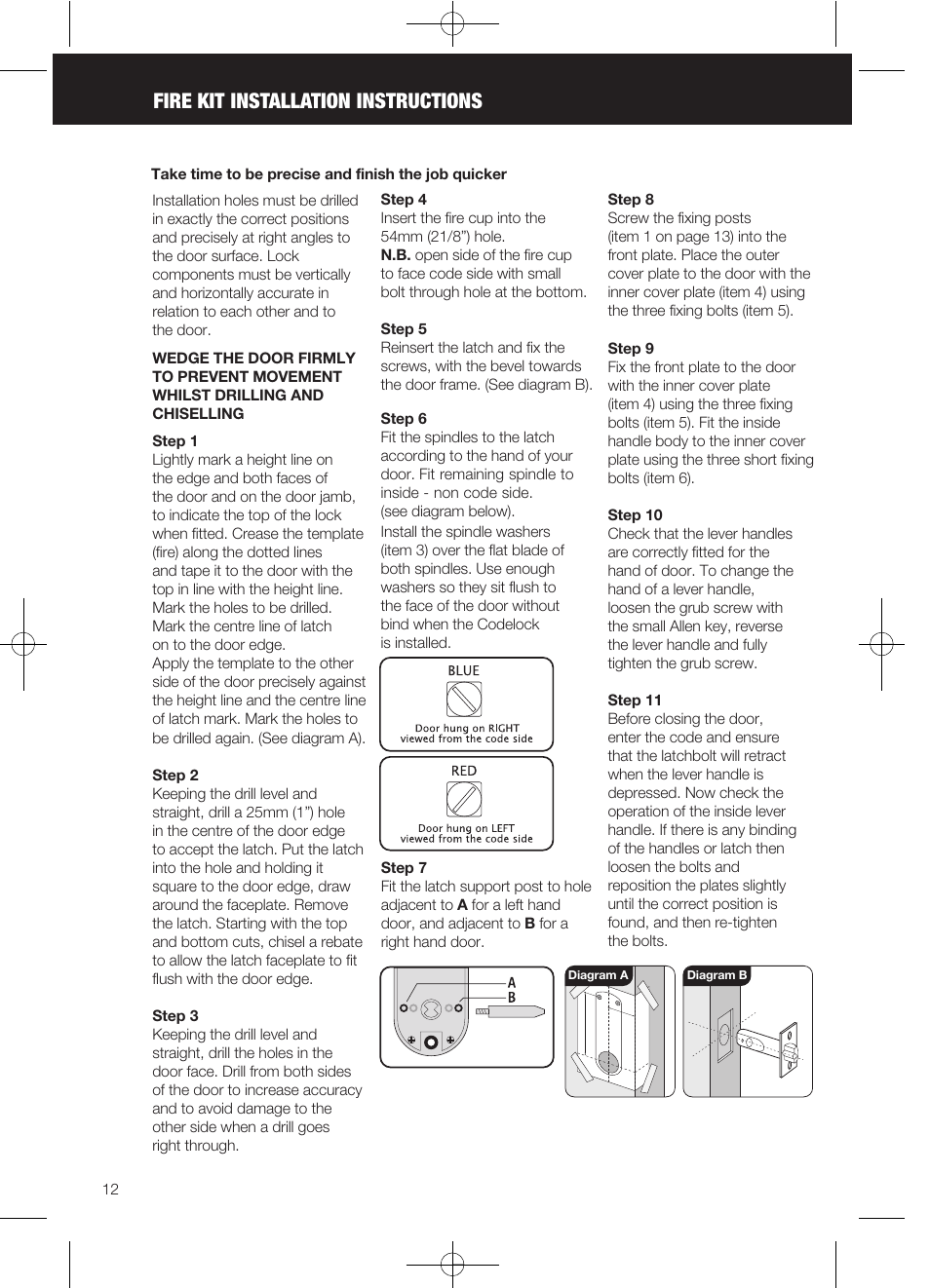 Fire kit installation instructions | Codelocks CL625 Double Cylinder Mortice Lock User Manual | Page 12 / 16