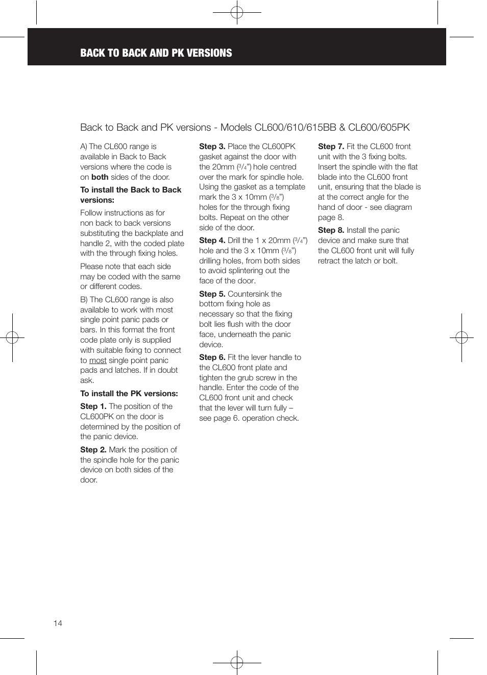 Back to back and pk versions | Codelocks CL625 Double Cylinder Mortice Lock User Manual | Page 14 / 16