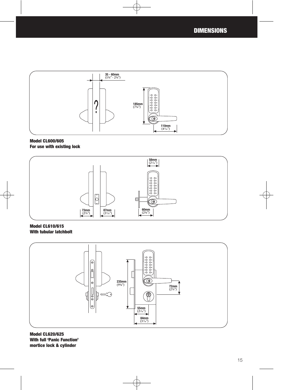 Dimensions | Codelocks CL625 Double Cylinder Mortice Lock User Manual | Page 15 / 16